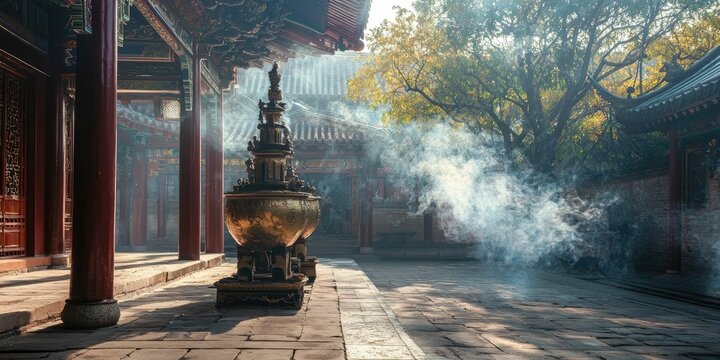 A temple courtyard filled with incense smoke