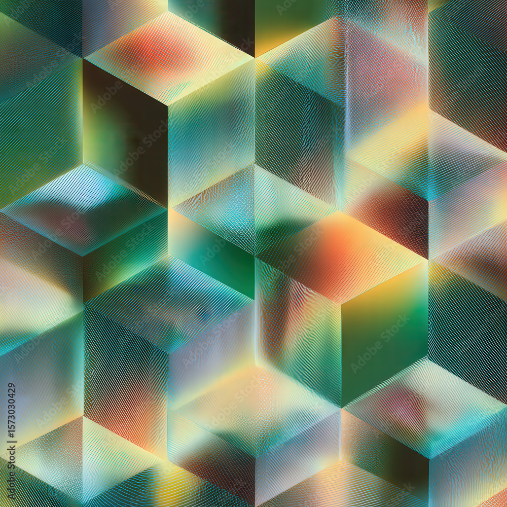 Poster warped cubes pattern with gridlines for seamless background design in vibrant colors and geometric s