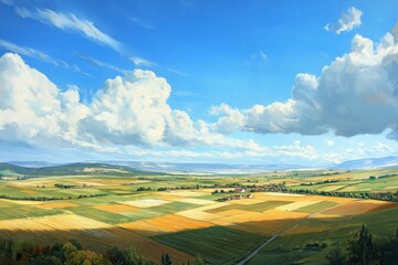 Obraz premium Vibrant aerial view of farmland under a clear blue sky showcasing lush fields and scattered clouds, Aerial view, under blue sky, beautiful farmland scenery