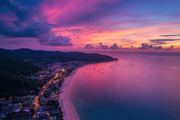 Stunning aerial view of Patong beach in Phuket, Thailand at twilight, Patong beach at night Phuket island Thailand sunset aerial view