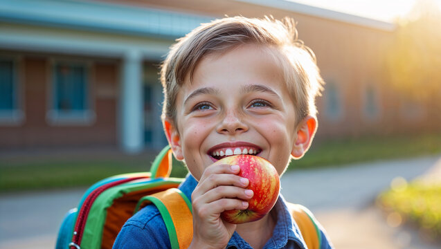 positive schoolboy with backpacks eats apple outdoor, autumn day
 - Powered by Adobe