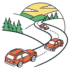 Three orange vehicles wind through mountains with pines under a yellow sun, transparent background
