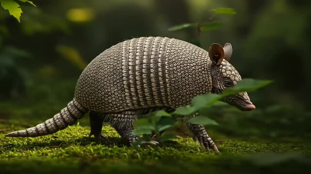 Armadillo walking through lush green forest habitat