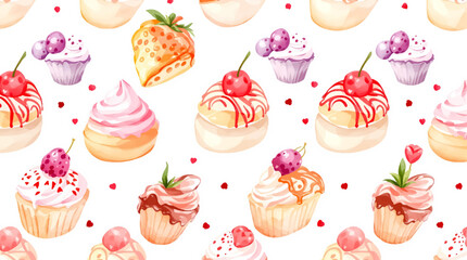 Watercolor Sweet desserts pattern on white background