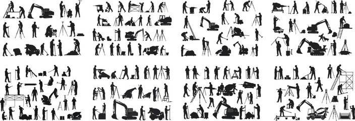 Construction Crew Silhouette Collection Diverse Array of Workers and Heavy Equipment Black and White Construction Site Visuals