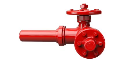 A red industrial valve with a wheel on a pipe against a black background