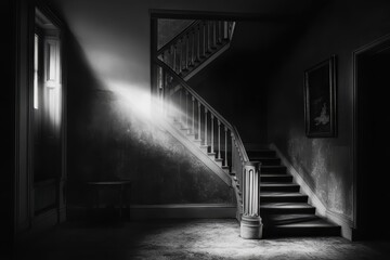 Cold light illuminates a moody interior with passing stairs and vintage charm, Passing Stairs In Cold Light Moody Interior