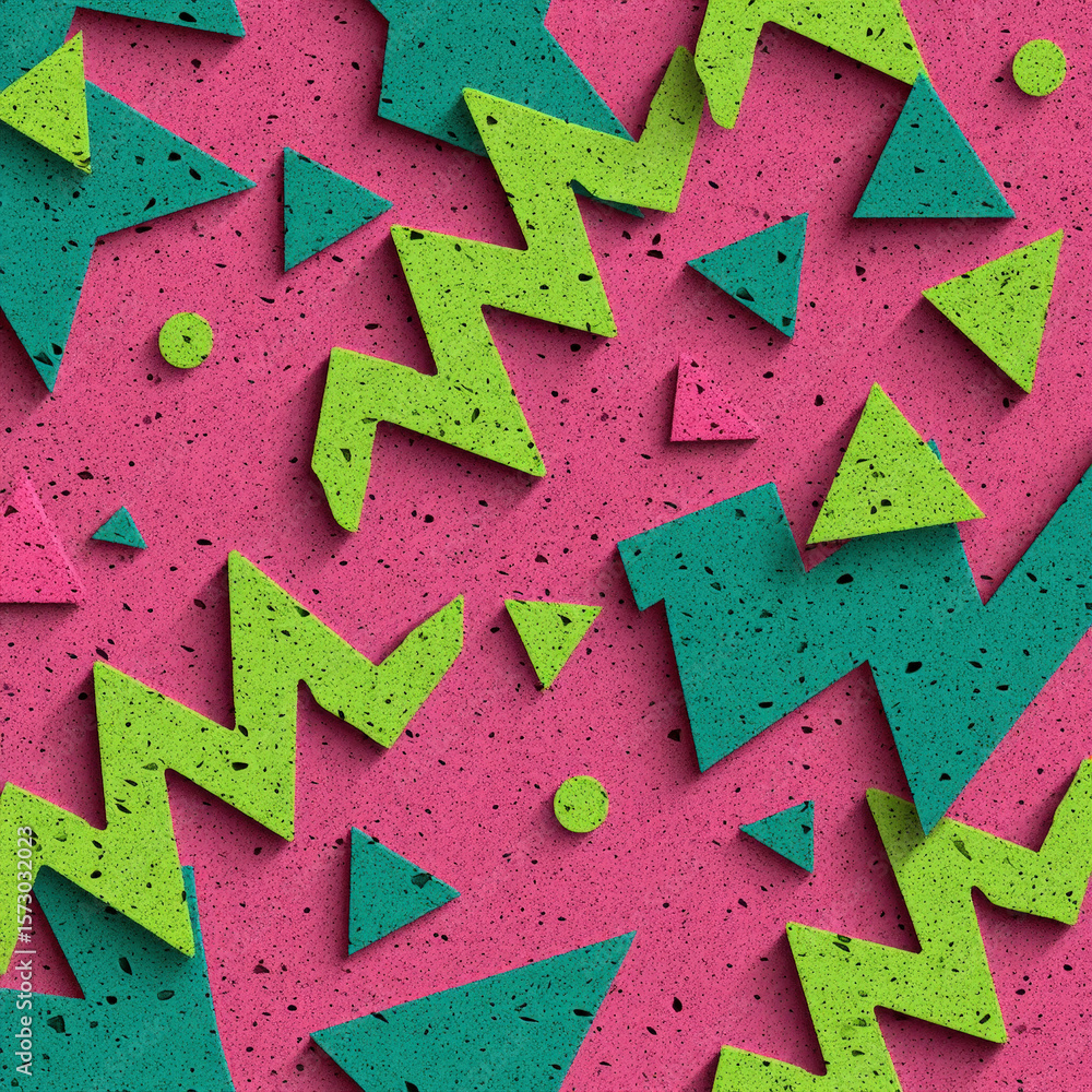 Poster vibrant seamless pattern of zigzag lines and triangles in bright colors on a bold pink background