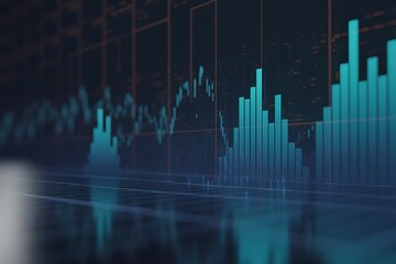 Teal blue financial bar charts and line graphs on dark grid background financial chart bar graph