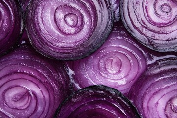 A close-up of fresh red onion slices arranged in a seamless pattern. The purple tones and detailed texture make it ideal for backgrounds, food packaging, food blogs or healthy eating campaigns. Banner