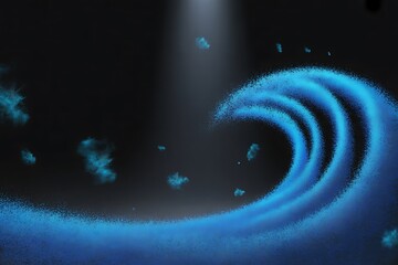 Swirling blue wave with luminous particles against dark background water