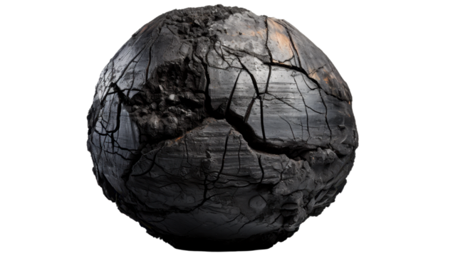 Burnt cracked earth sphere isolated on transparent background. PNG.