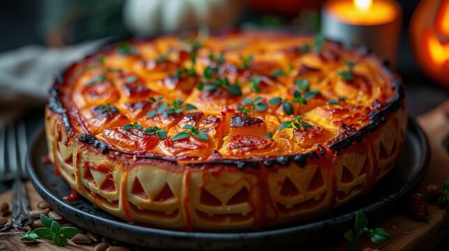 Festive jack-o'-lantern pasta pie with melted cheese, herbs, and eerie carved crust is a spooky Halloween dinner centerpiece full of fun seasonal flavor. - Powered by Adobe