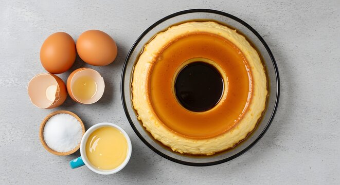 Organized photo of pudding with ingredients — eggs, condensed milk, and sugar — viewed from above, ideal for social media posts