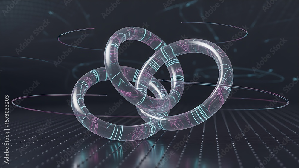 Aufkleber transparent intertwined rings with glowing internal patterns and orbiting light trails on a textured