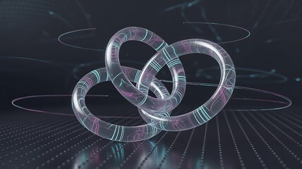Transparent intertwined rings with glowing internal patterns and orbiting light trails on a textured dark surface