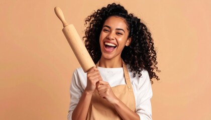Cheerful Woman in Apron Holds Rolling Pin in Studio Setting Against Tan Background