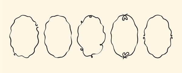 Vector hand drawn trendy summer wedding whimsical frame outline illustration set. Elegant flat minimalist hand drawn modern art for wedding invitations, menu, graphics and design