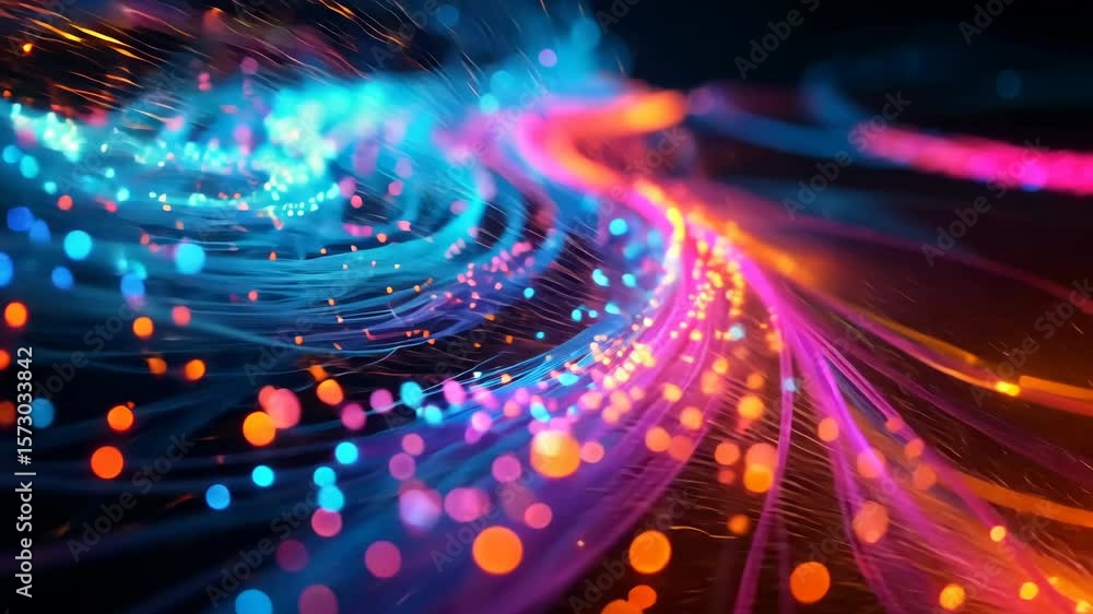 Poster orange and blue technology background featuring an intricate circuit board and cascading lines of co
