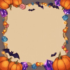 Fototapeta premium Magical Halloween Frame with Pumpkins, Crystals, and Candy