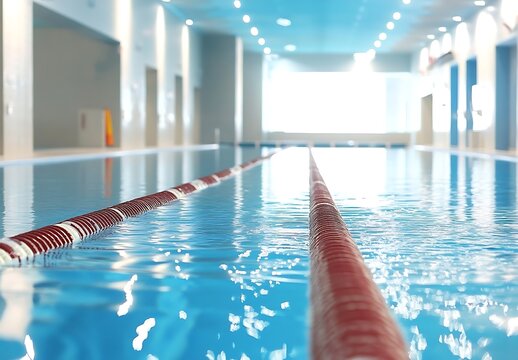 Clean and Bright Indoor Swimming Pool Facility Crystal Clear Water with Lane Divider Rope Modern Aquatic Center Ready for Training Peaceful Environment for Health and Fitness

