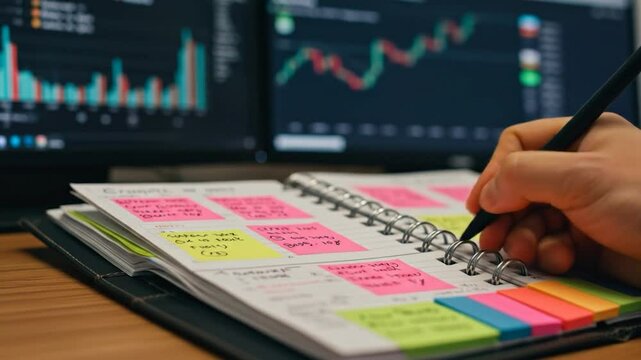 Person writing in daily planner with financial charts in background
