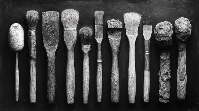 A diverse collection of artists brushes and tools neatly arranged in black and white celebrating creative craftsmanship expression detail texture and the tools behind artistic creation