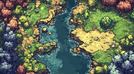 Obraz premium An overhead view of a serene river winding through a lush, vibrant landscape. Foliage in various autumnal hues surrounds the waterway, creating a picturesque scene