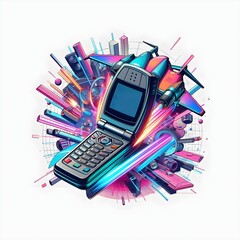 Retro Futuristic Flip Phone Spaceship 3D Illustration on Clear Background
