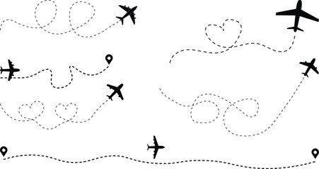 Vector art of a set of vector illustrations showing airplanes in flight, with their routes illustrated by dotted lines, perfect for travel or transportation designs