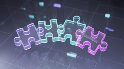 Transparent puzzle pieces connecting with glowing edges and the word connect on one piece jigsaw connection