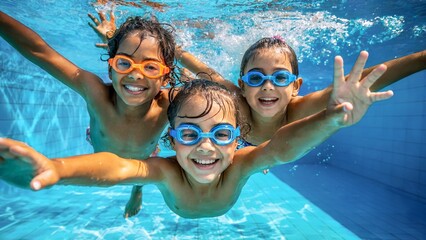 Group of Happy Children Playing Underwater with Goggles in a Swimming Pool