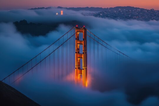 Golden Gate Bridge tower rising above the fog at twilight in San Francisco, Tower of Golden Gate Bridge