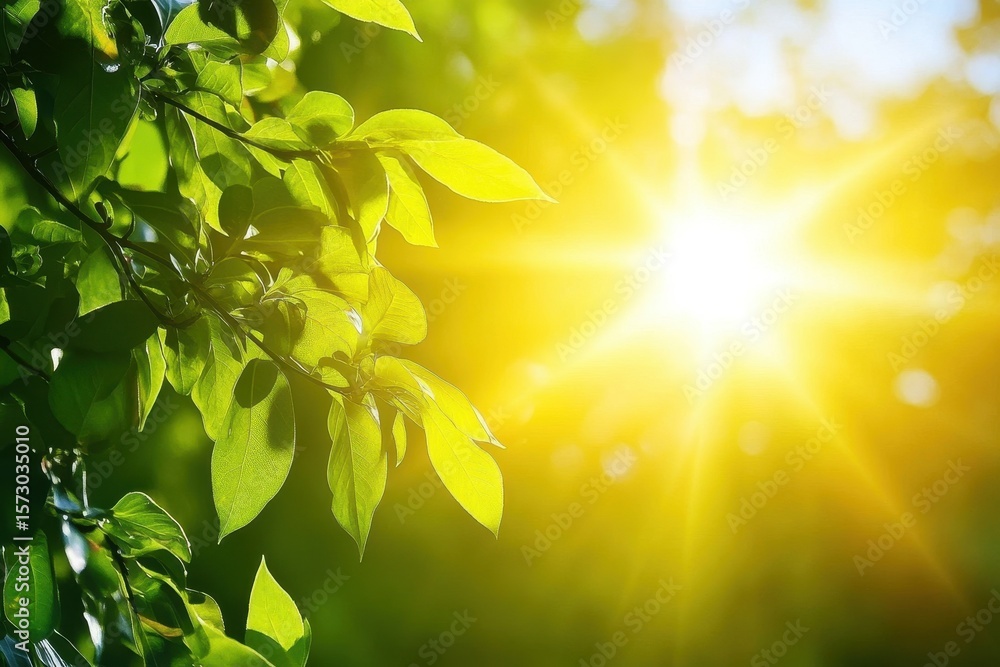 Poster sunlight filters through vibrant green tree branches creating a serene atmosphere in nature, sun shi