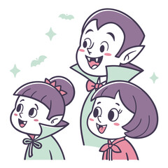 Adorable cartoon vampire family with a father and two daughters dressed in spooky halloween costumes with cute bat and star accents for a festive celebration