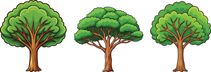 Cartoon Tree Set with Green Canopy Isolated on White