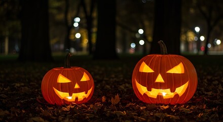 Fototapeta premium Two halloween pumpkins glow in the park at night on leaves