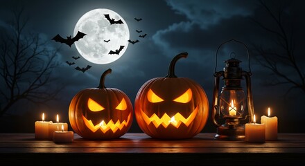Two halloween pumpkins glow under the moonlight with bats flying