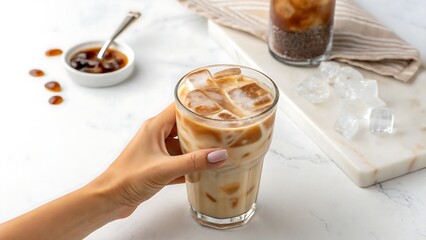 Female hand with glass of iced latte on white backgrounddrink, coffee, glass, milk, latte, beverage, cream, cup, chocolate, brown, cafe, food, hot, cappuccino, white, 