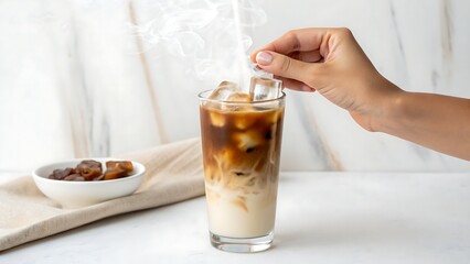 Female hand with glass of iced latte on white background,drink, coffee, glass, milk, latte, beverage, cream, cup, chocolate, brown, cafe, food, hot, cappuccino, white, 