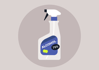 A disinfectant spray bottle with bold labeling showcases its 75% alcohol concentration, emphasizing its role in promoting cleanliness and hygiene, suitable for diverse settings