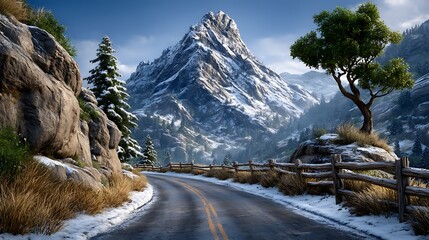 A winding mountain road with guardrails, trees, and snowy peaks in the distance. 