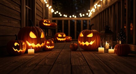 Glowing jackolanterns and candles illuminate a spooky halloween porch
