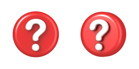3d question mark icon on red round button or badge isolated over white background 3D rendering