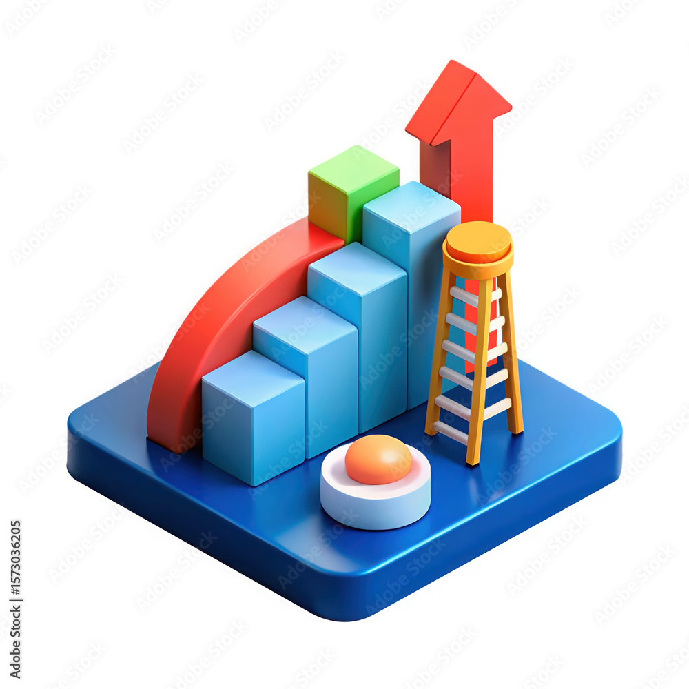 Poster 3d isometric representation of a business growth concept with a ladder and upward trending graph on 