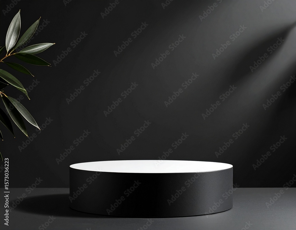 Poster empty podium or pedestal in elegant on black background with abstract shadow overlay,ideal mockup fo