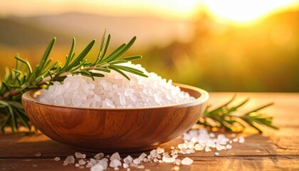 Fresh herbs and sea salt in a wooden bowl during a sunset in a serene outdoor setting