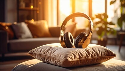 Stylish headphones resting on a plush pillow in a sunlit living room with cozy decor