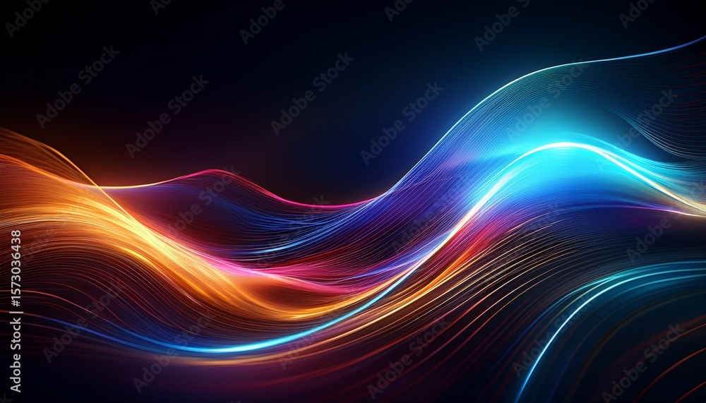 Poster glowing flowing lines on dark background with creative tech effect