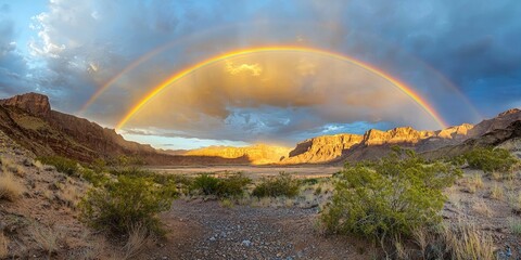A vibrant rainbow bridge glowing under a stormy sky